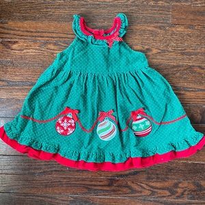 Green corduroy holiday dress with ornaments - 18 months